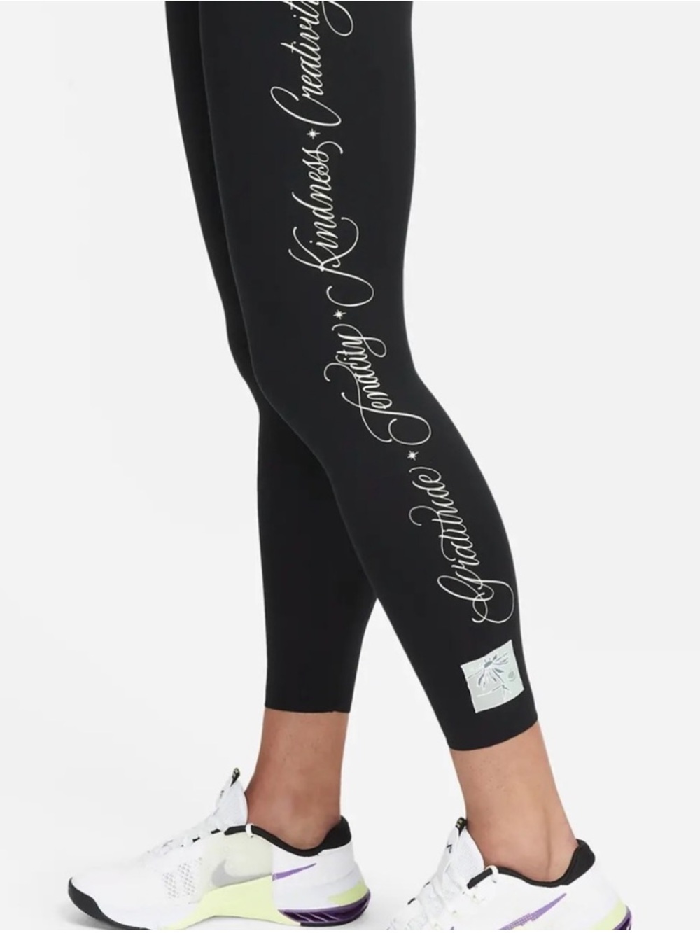 Nike One Luxe Mid Rise 7/8 Black Leggings Inspirational Script Text Raw Hem